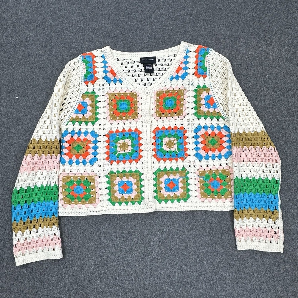 Liv Los Angeles Crochet Cardigan Colorful Granny Square Boho Size L